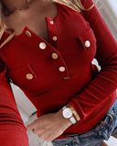 Billlnai  Graduation Party 2023 Elegant Fashion Spring Women Buttoned Ribbed Long Sleeve Blouse Sexy V-Neck Long Sleeve Solid Shirt Autumn Tops Pullover