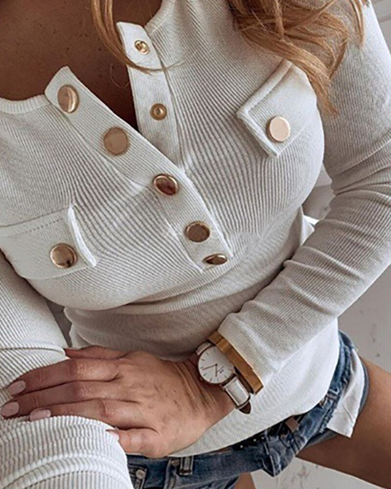 Billlnai  Graduation Party 2023 Elegant Fashion Spring Women Buttoned Ribbed Long Sleeve Blouse Sexy V-Neck Long Sleeve Solid Shirt Autumn Tops Pullover