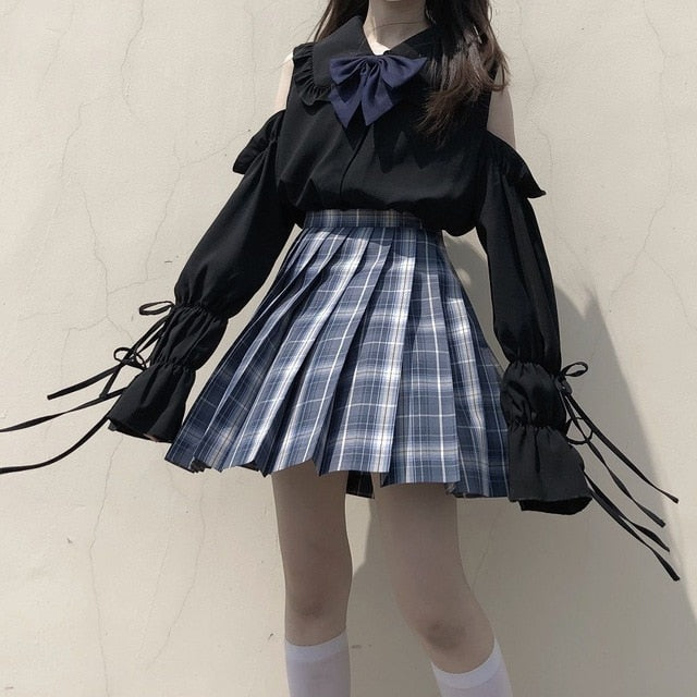 Women Shirts Off Shoulder Peter Pan Collar Sweet Lolita Style Lovely Solid Long Lantern Sleeve Bow Lace Up Female Leisure Trendy