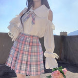 Women Shirts Off Shoulder Peter Pan Collar Sweet Lolita Style Lovely Solid Long Lantern Sleeve Bow Lace Up Female Leisure Trendy