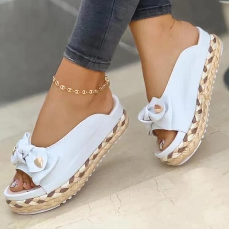 Billlnai 2023 Summer Women Slippers Casual Solid Color Bowknot Female Platform Slider Fashion Braided Straps Outdoor Lady Sandals