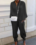 Billlnai 2023 Fashion Women's Suit Screw Loose Top Stand Collar Long Sleeve Shirt Pocket Pants with Lace Up Hem