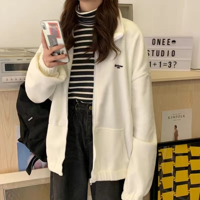 Cardigan jacket new coat female tide ins autumn and winter plus velvet thick loose student solid color sweater Korean version