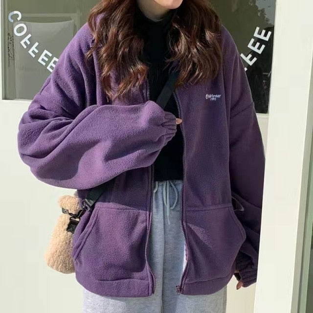 Cardigan jacket new coat female tide ins autumn and winter plus velvet thick loose student solid color sweater Korean version